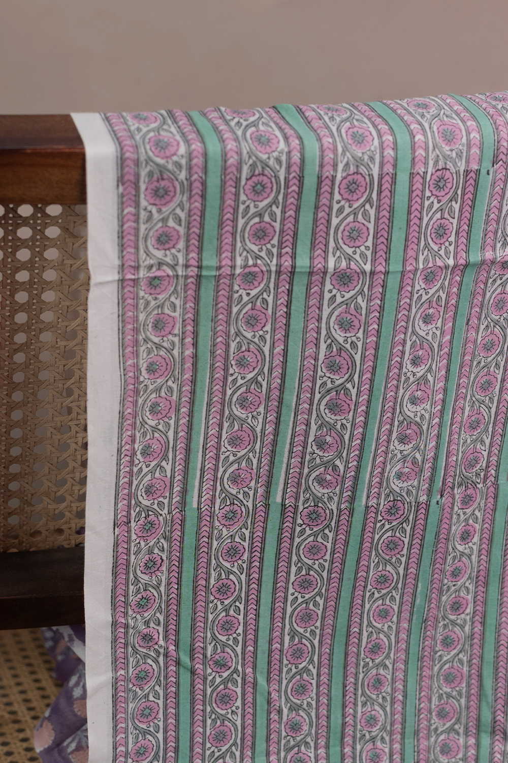 Wavy Mint Floral Stripe Sanganeri Cotton Fabric - Image 2