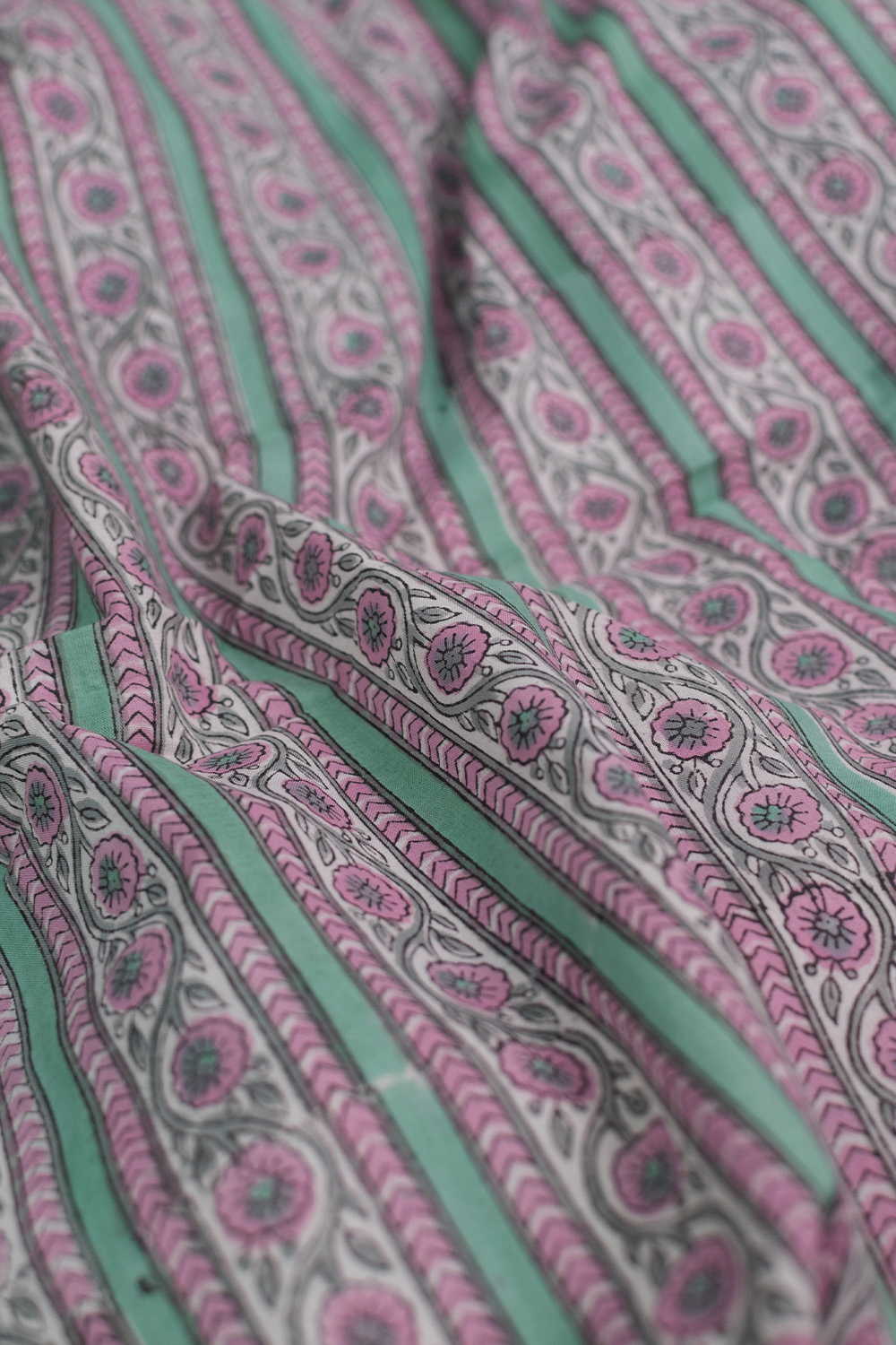 Wavy Mint Floral Stripe Sanganeri Cotton Fabric - Image 3