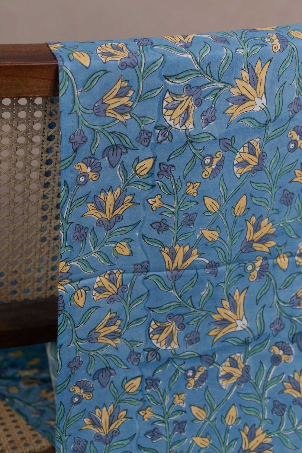 Mustard Bloom on Blue Sanganeri Cotton Fabric