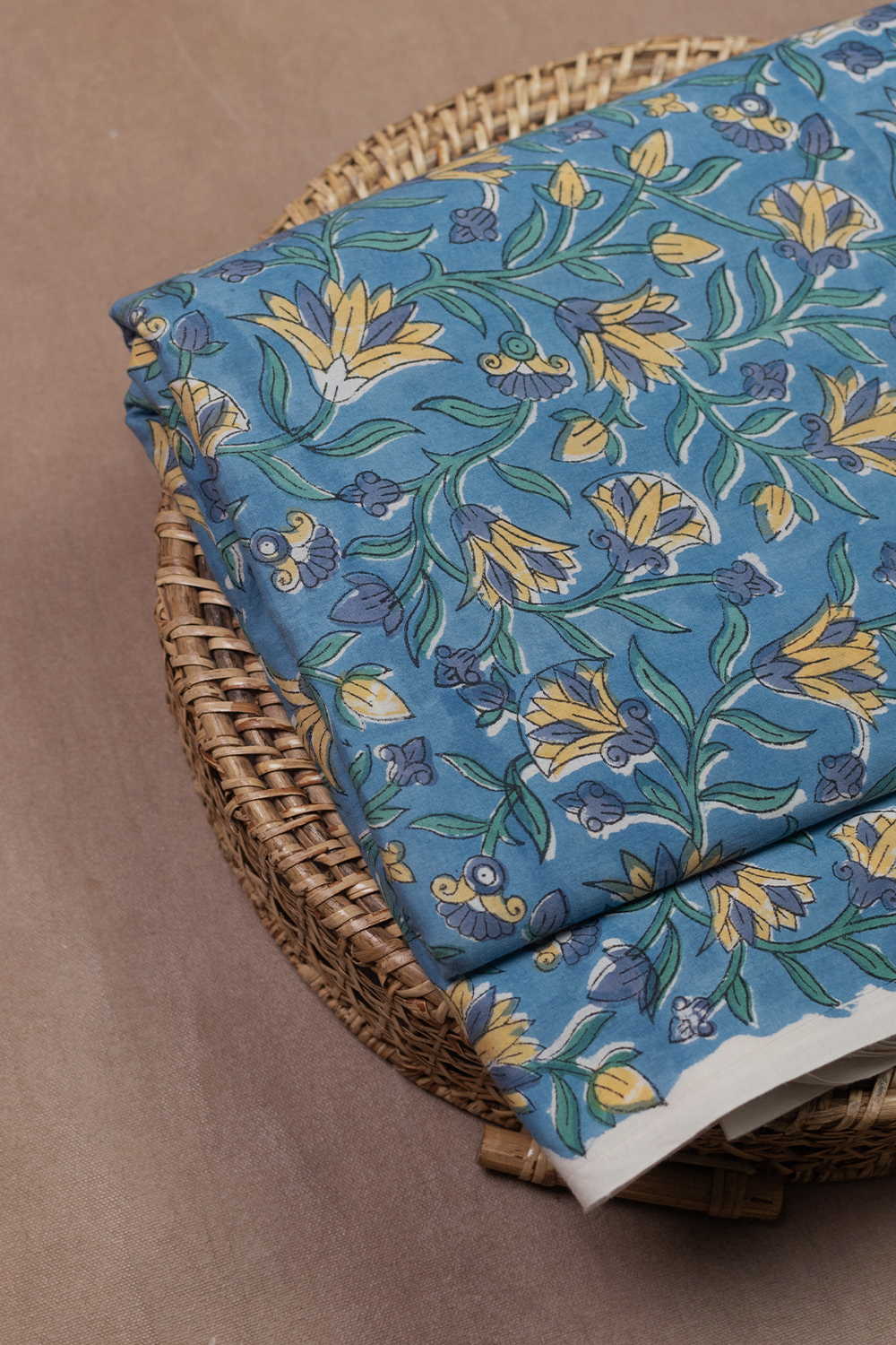 Mustard Bloom on Blue Sanganeri Cotton Fabric - Image 2
