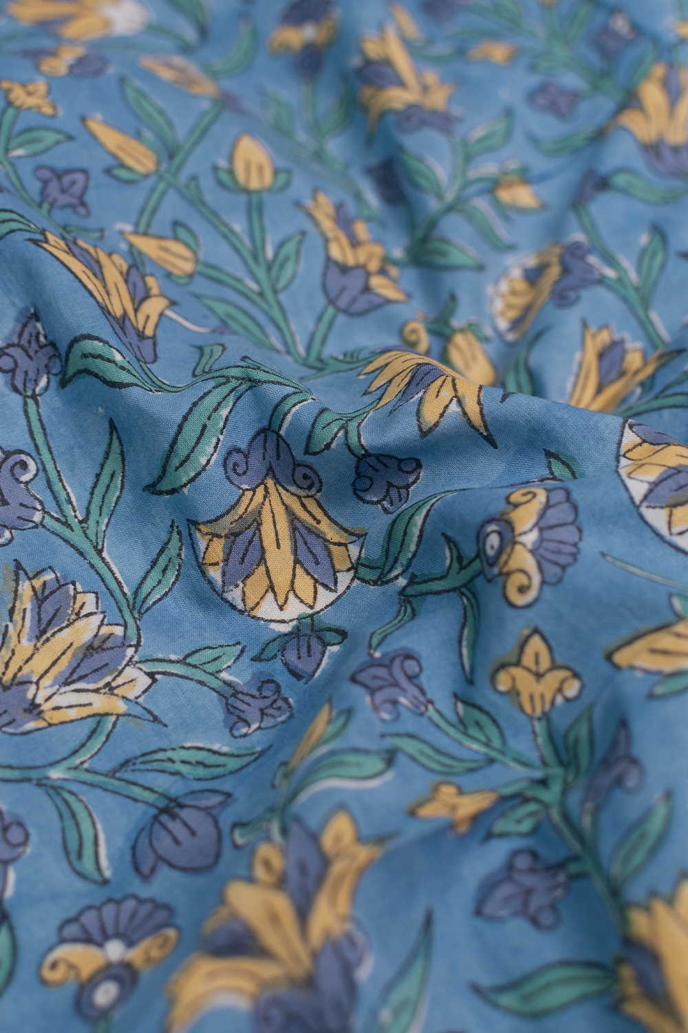 Mustard Bloom on Blue Sanganeri Cotton Fabric - Image 3