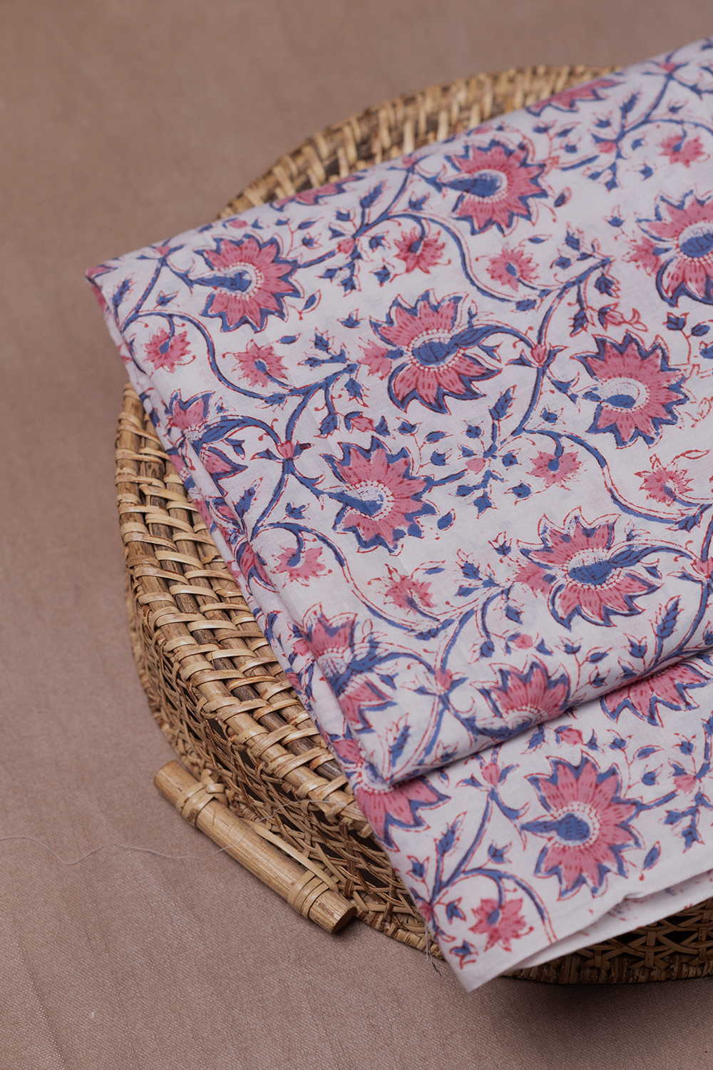 Pink Floral Garden Sanganeri Cotton Fabric