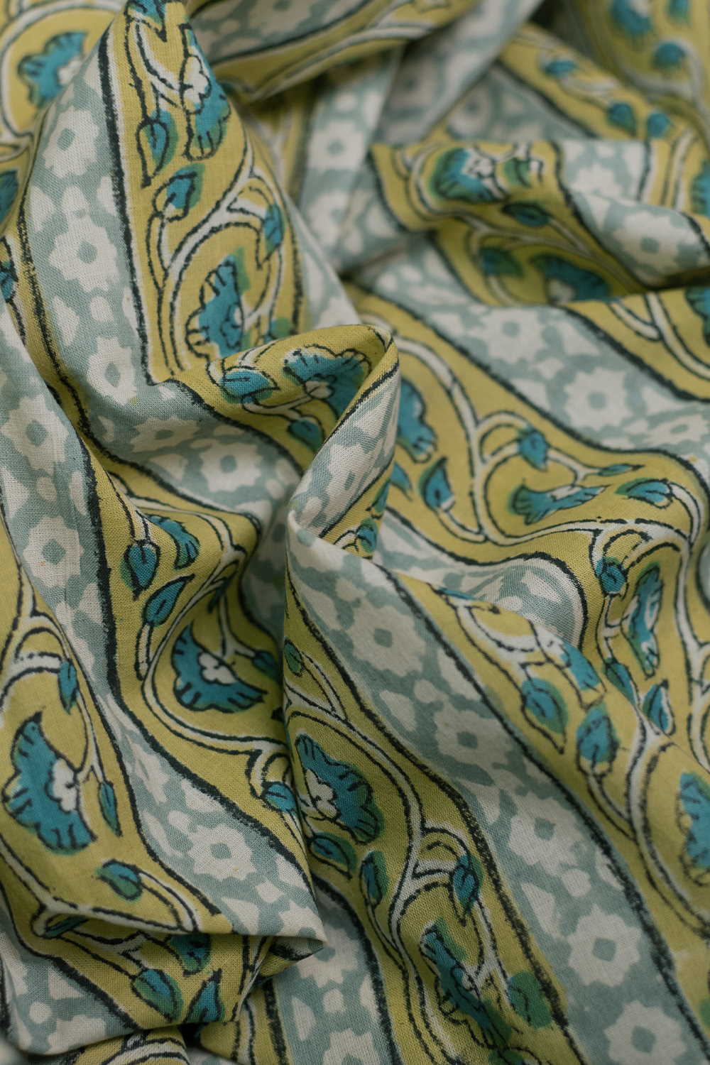 Yellow With Cream Pattern Sanganeri Cotton Fabric - Image 3