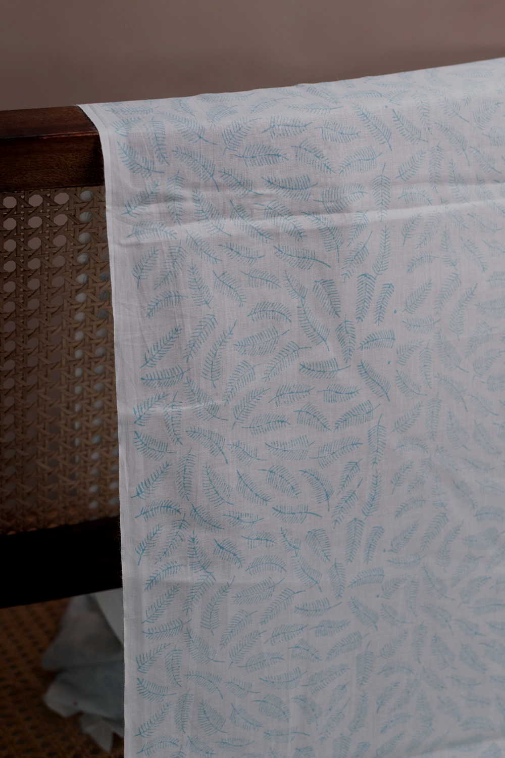 Blue leaf's - Cream Sanganeri Cotton Fabric - Image 2
