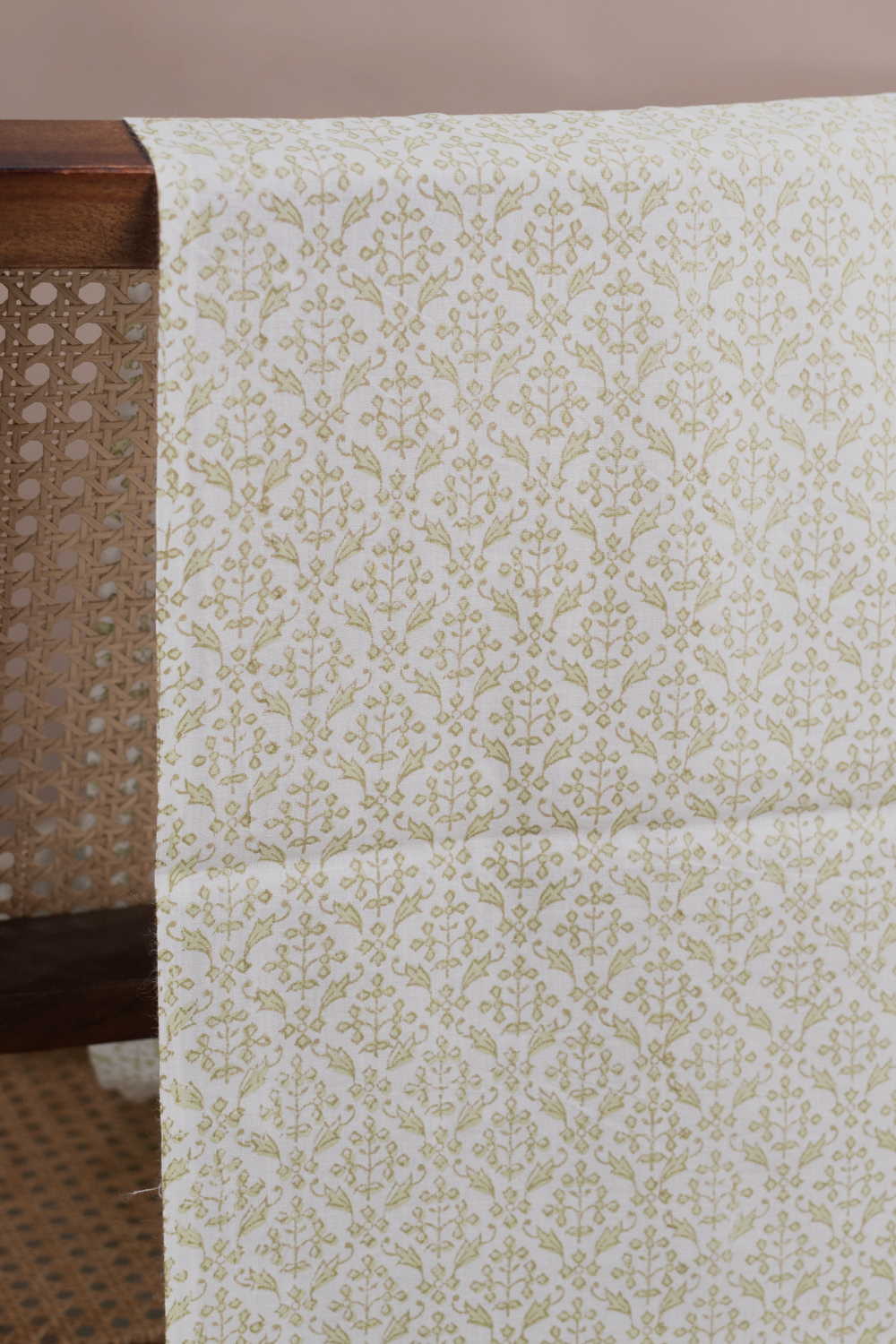 Green Designs on Cream Sanganeri Cotton Fabric - Image 3