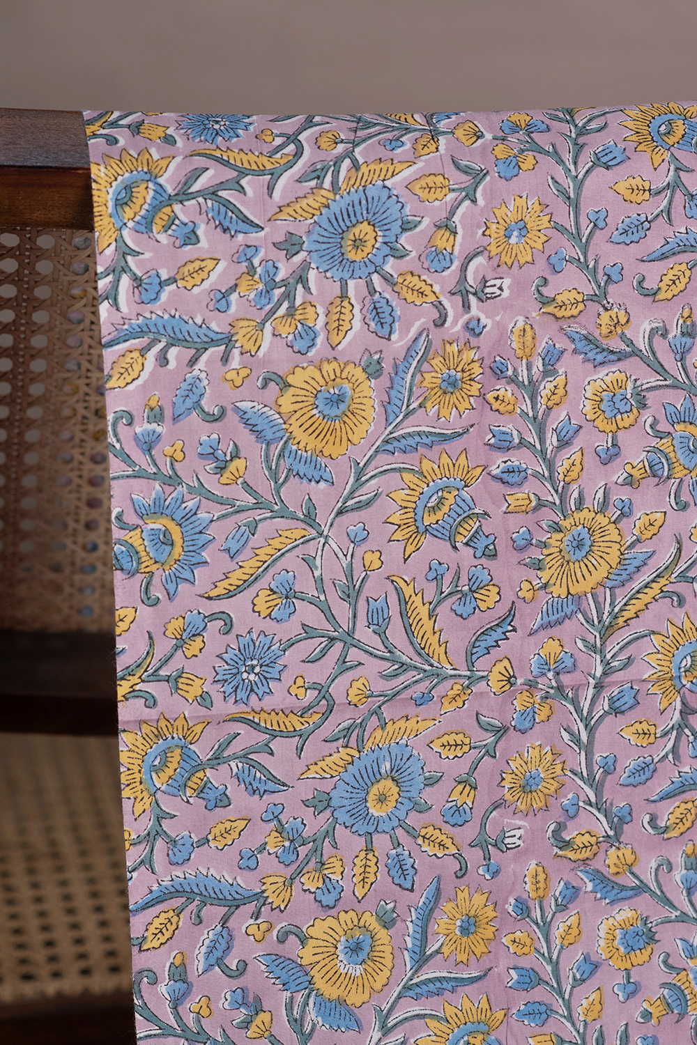 Blue & Yellow Floaral Sanganeri Cotton Fabric