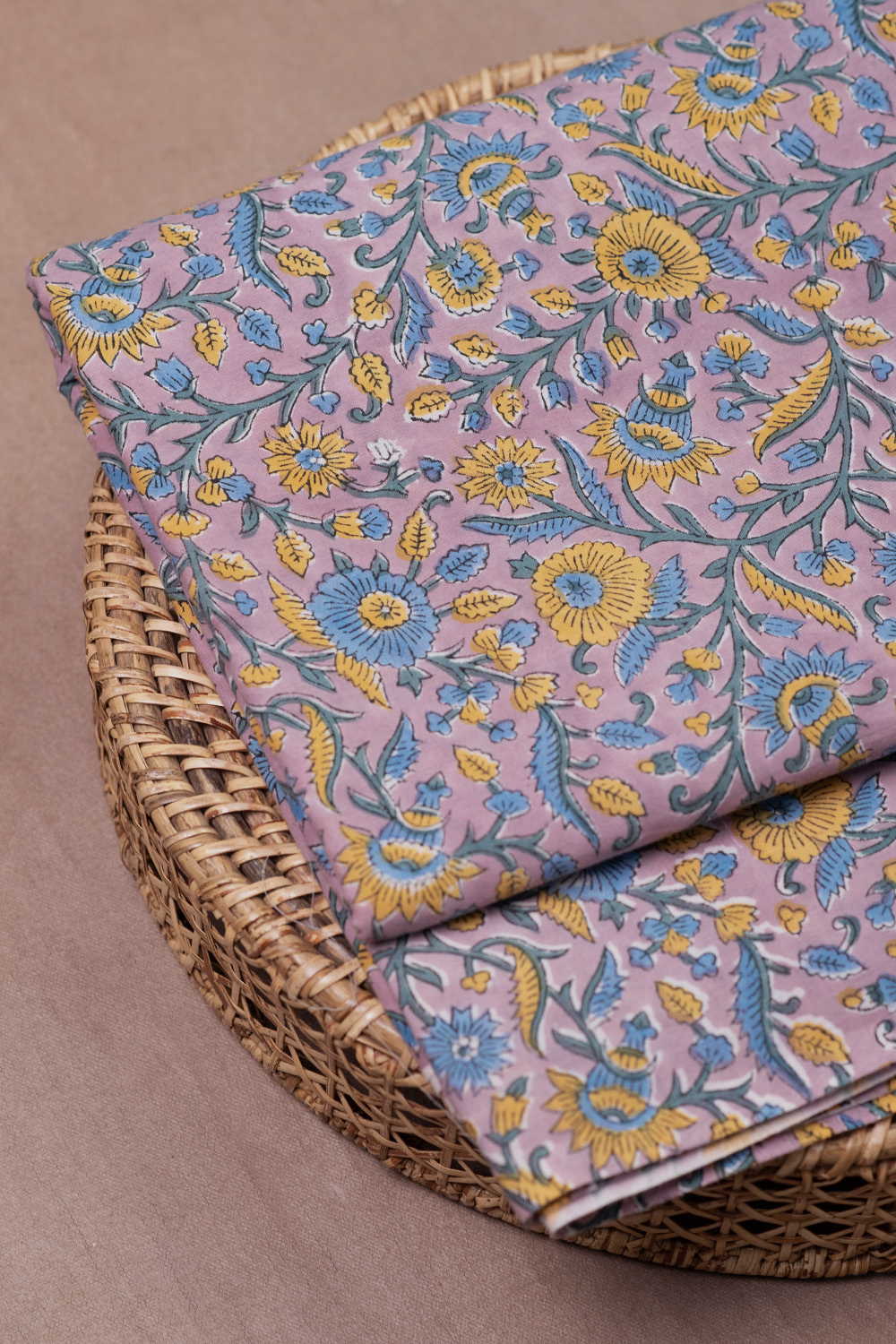 Blue & Yellow Floaral Sanganeri Cotton Fabric - Image 2