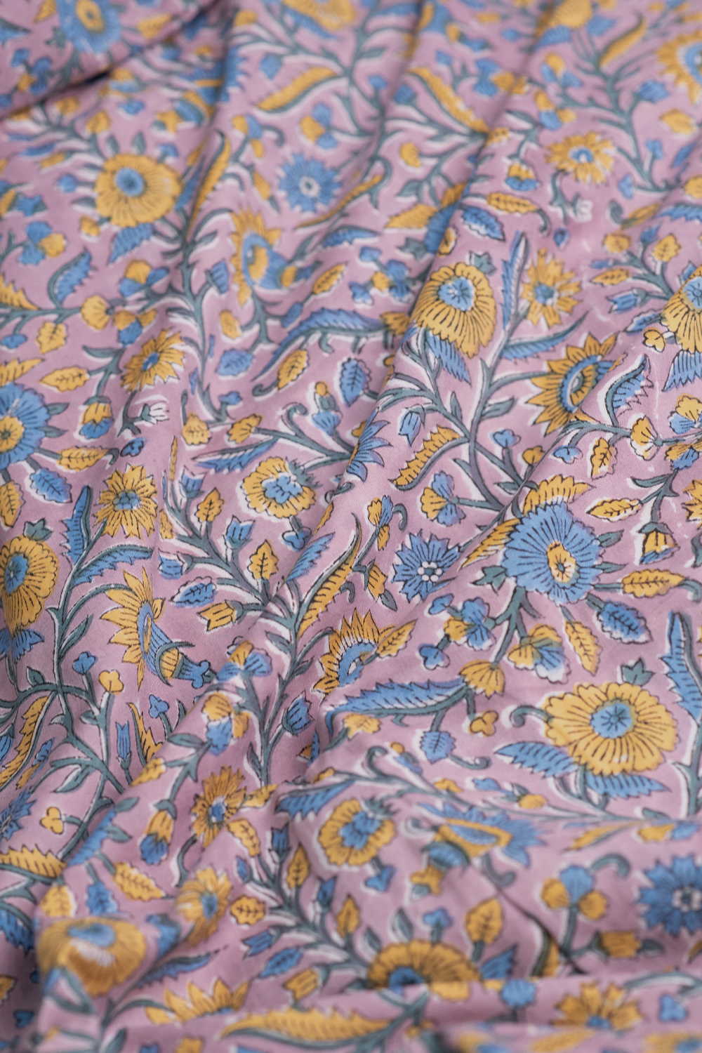Blue & Yellow Floaral Sanganeri Cotton Fabric - Image 3