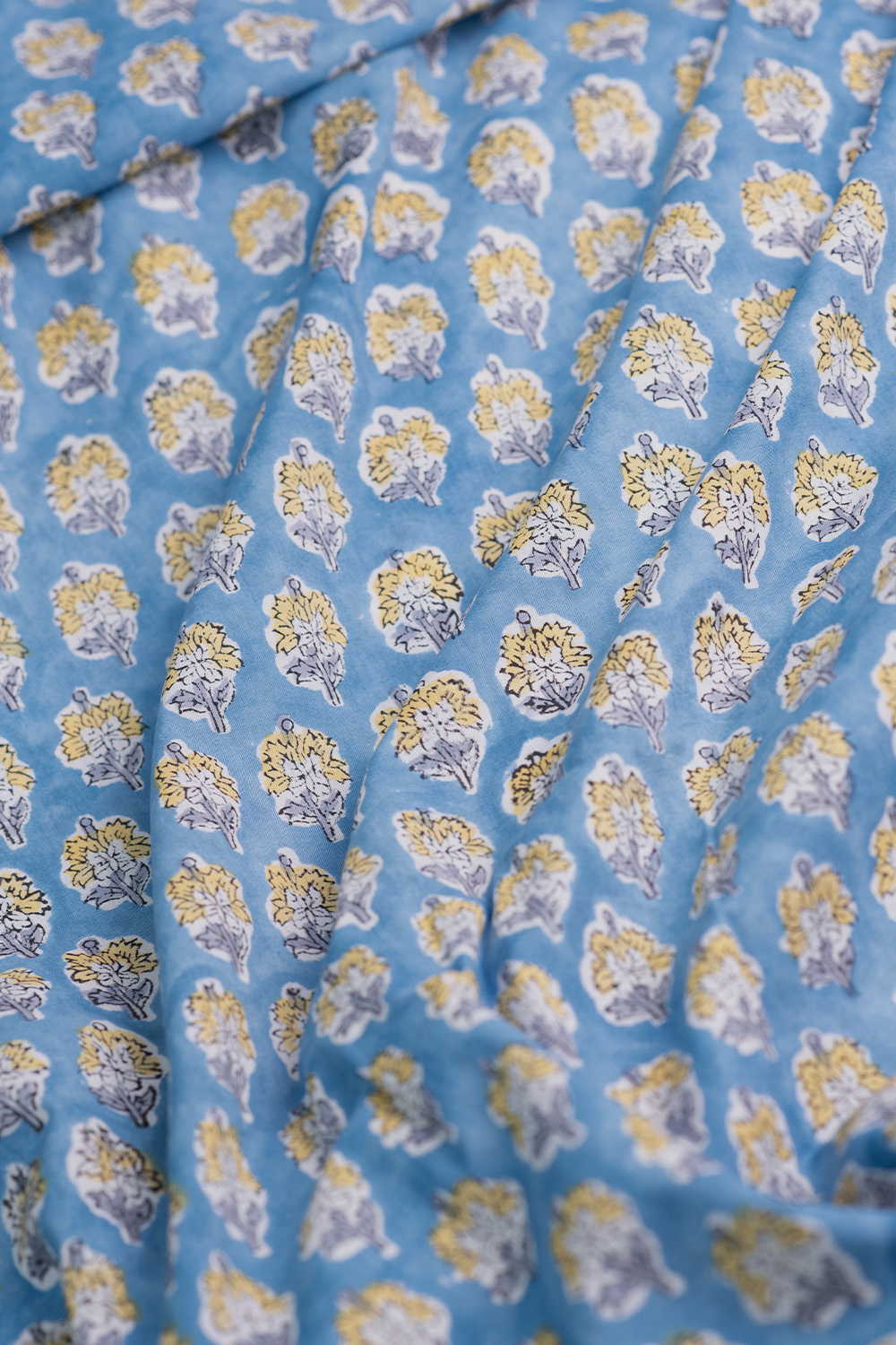 Soft Floral Azure Sanganeri Cotton Fabric - Image 3