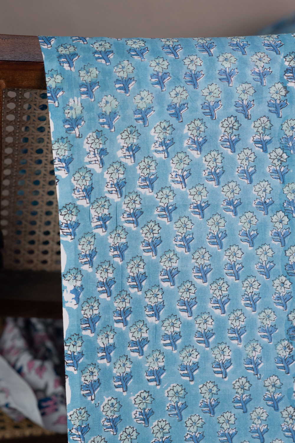 Blue Meadow Blooms Sanganeri Cotton Fabric - Image 2