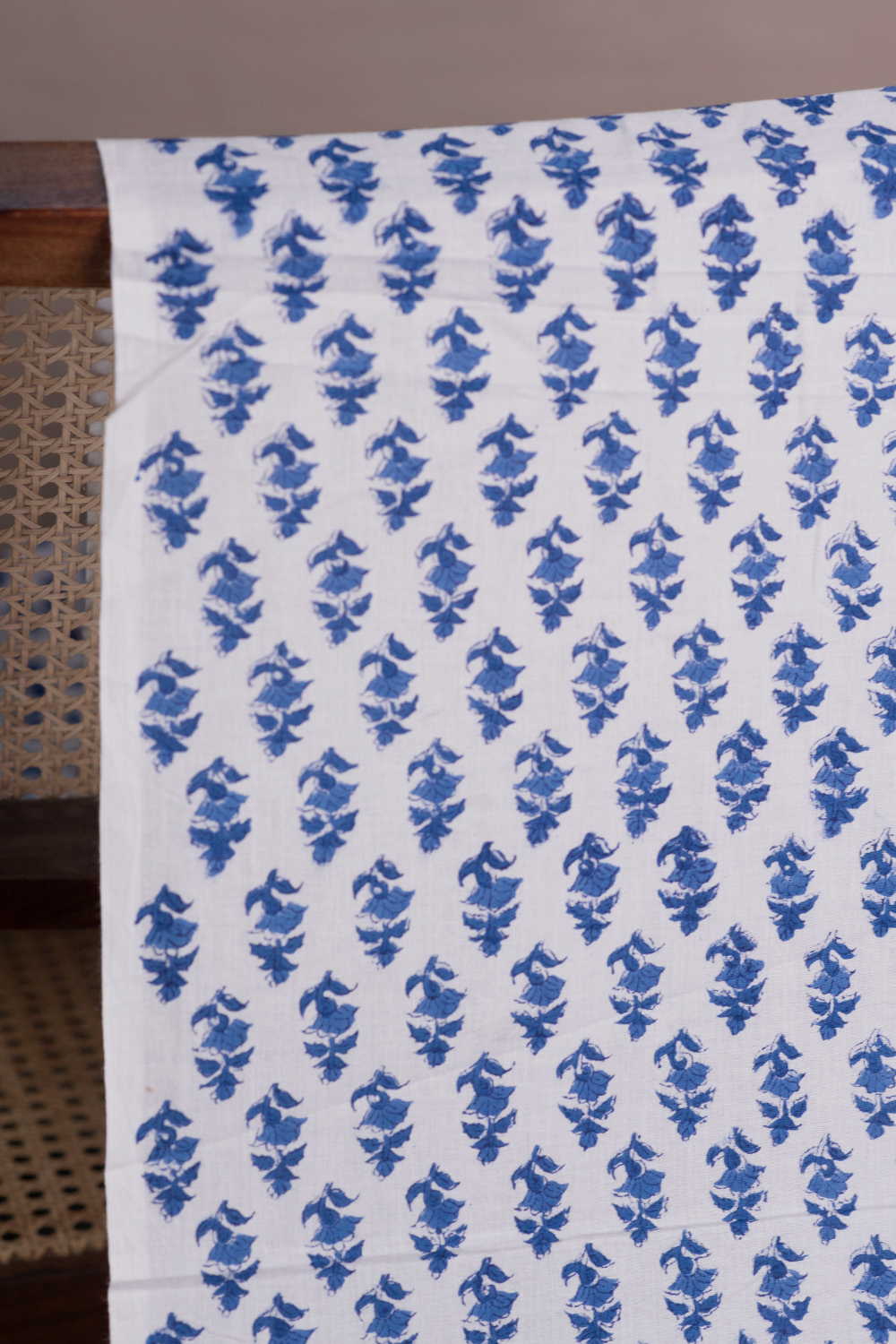 Blue Florets - Cream Sanganeri Cotton Fabric