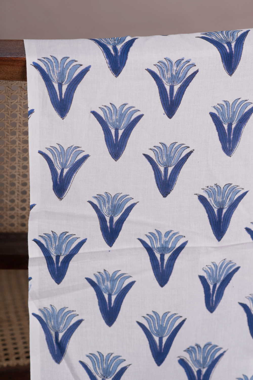 Blue Bloom - Cream Sanganeri Cotton Fabric