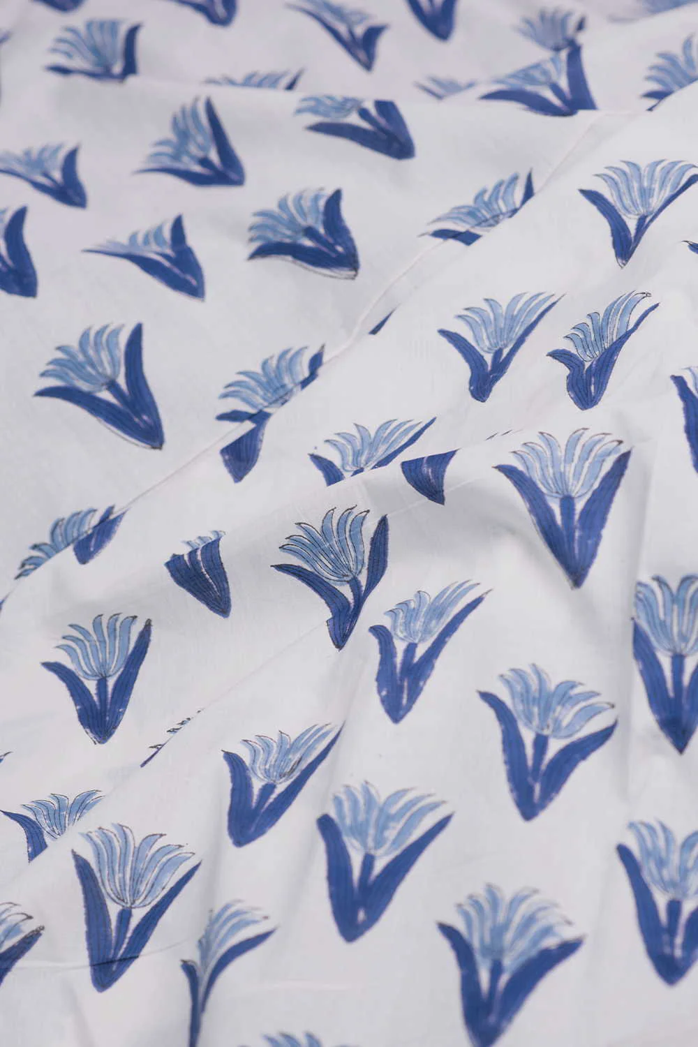 Blue Bloom - Cream Sanganeri Cotton Fabric - Image 3