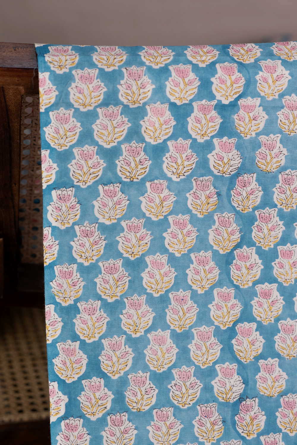 Pink Florets - Blue Sanganeri Cotton Fabric