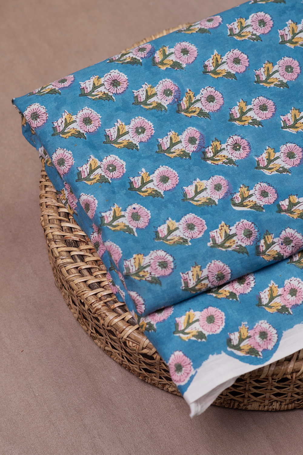 Pink Meadow - Blue Sanganeri Cotton Fabric