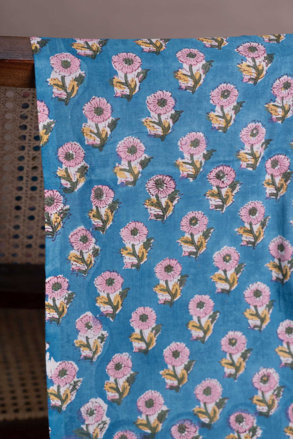 Pink Meadow - Blue Sanganeri Cotton Fabric - Image 2