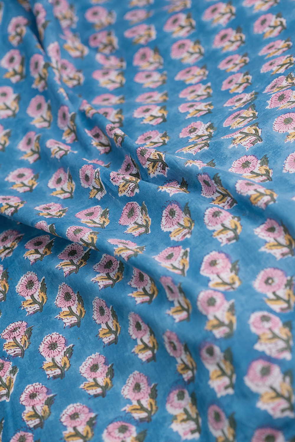 Pink Meadow - Blue Sanganeri Cotton Fabric - Image 3