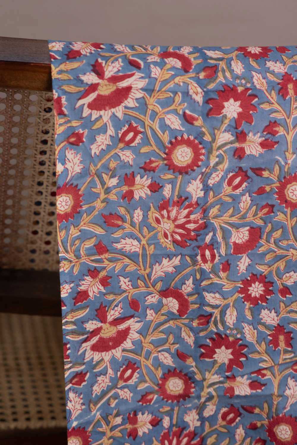Maroon Floral - Blue Sanganeri Cotton Fabric