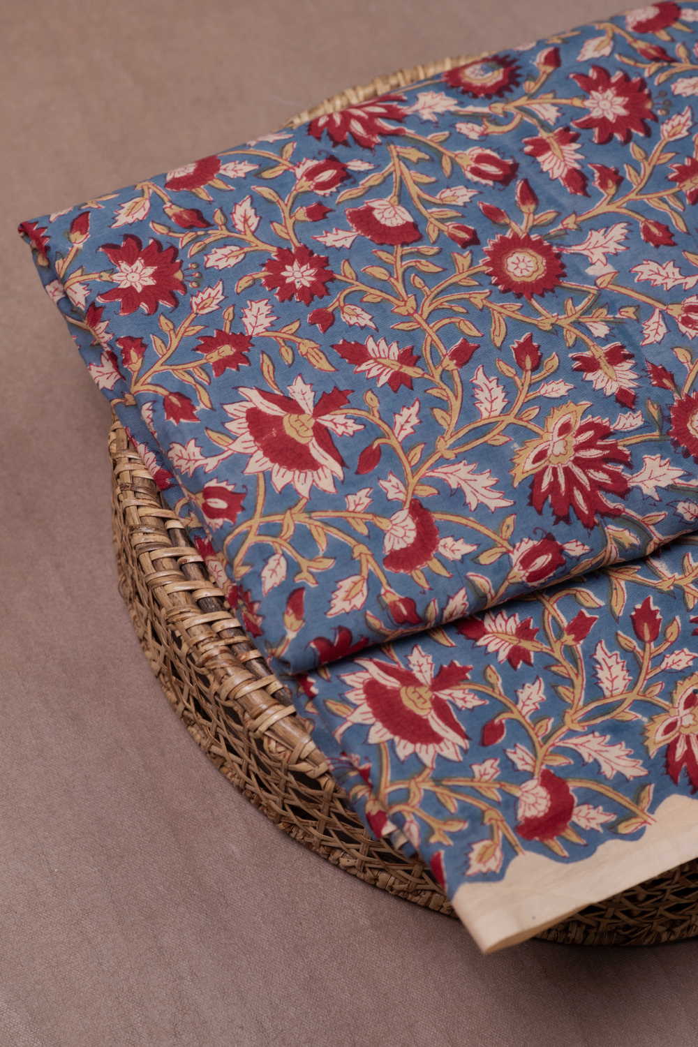 Maroon Floral - Blue Sanganeri Cotton Fabric - Image 3