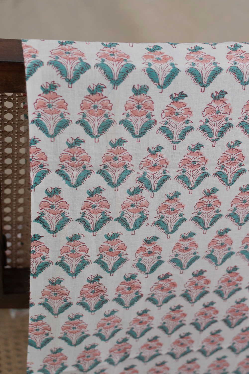 Floral Butta on Cream Sanganeri Cotton Fabric - Image 3