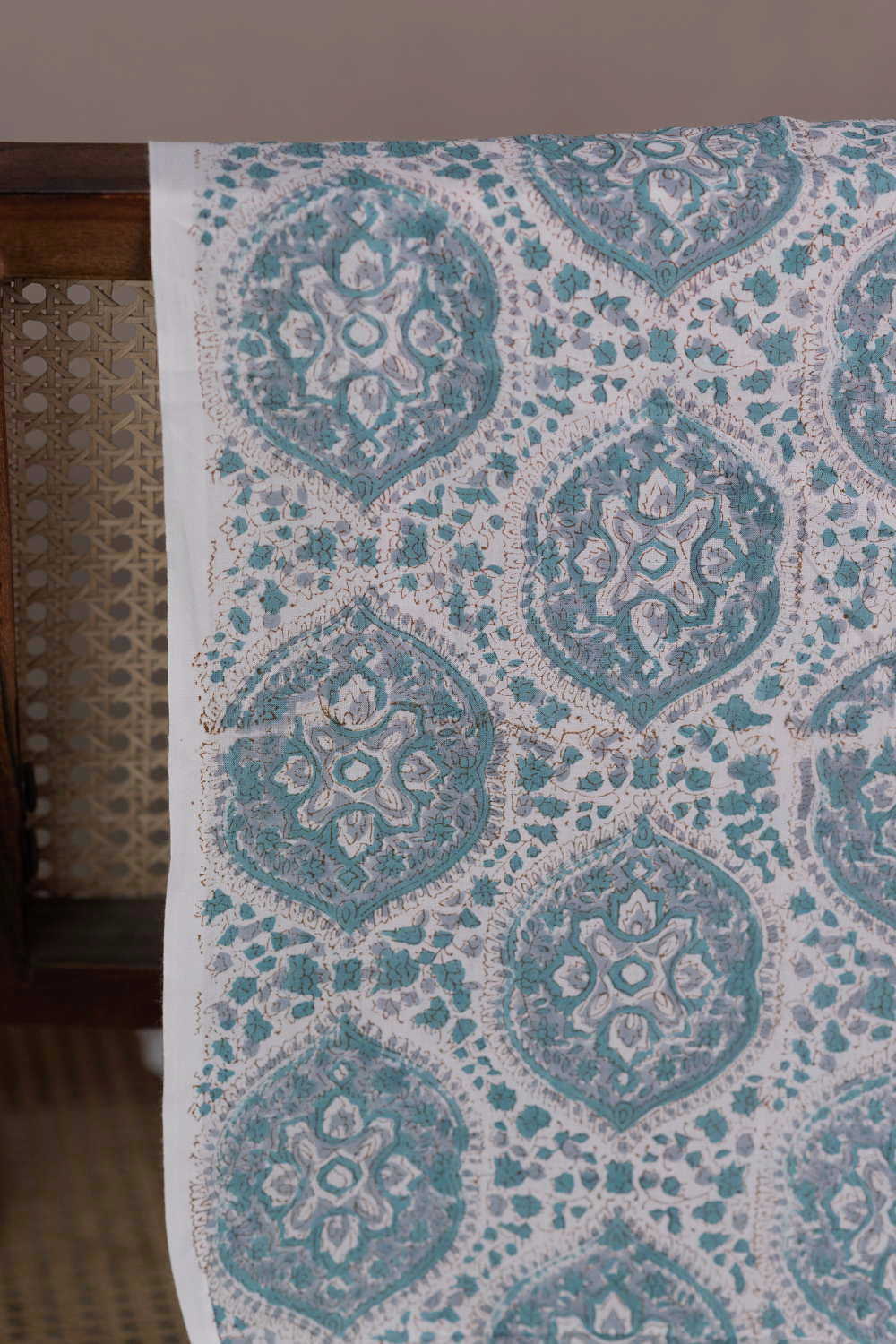 Blue Tile Motif Sanganeri Cotton Fabric - Image 2