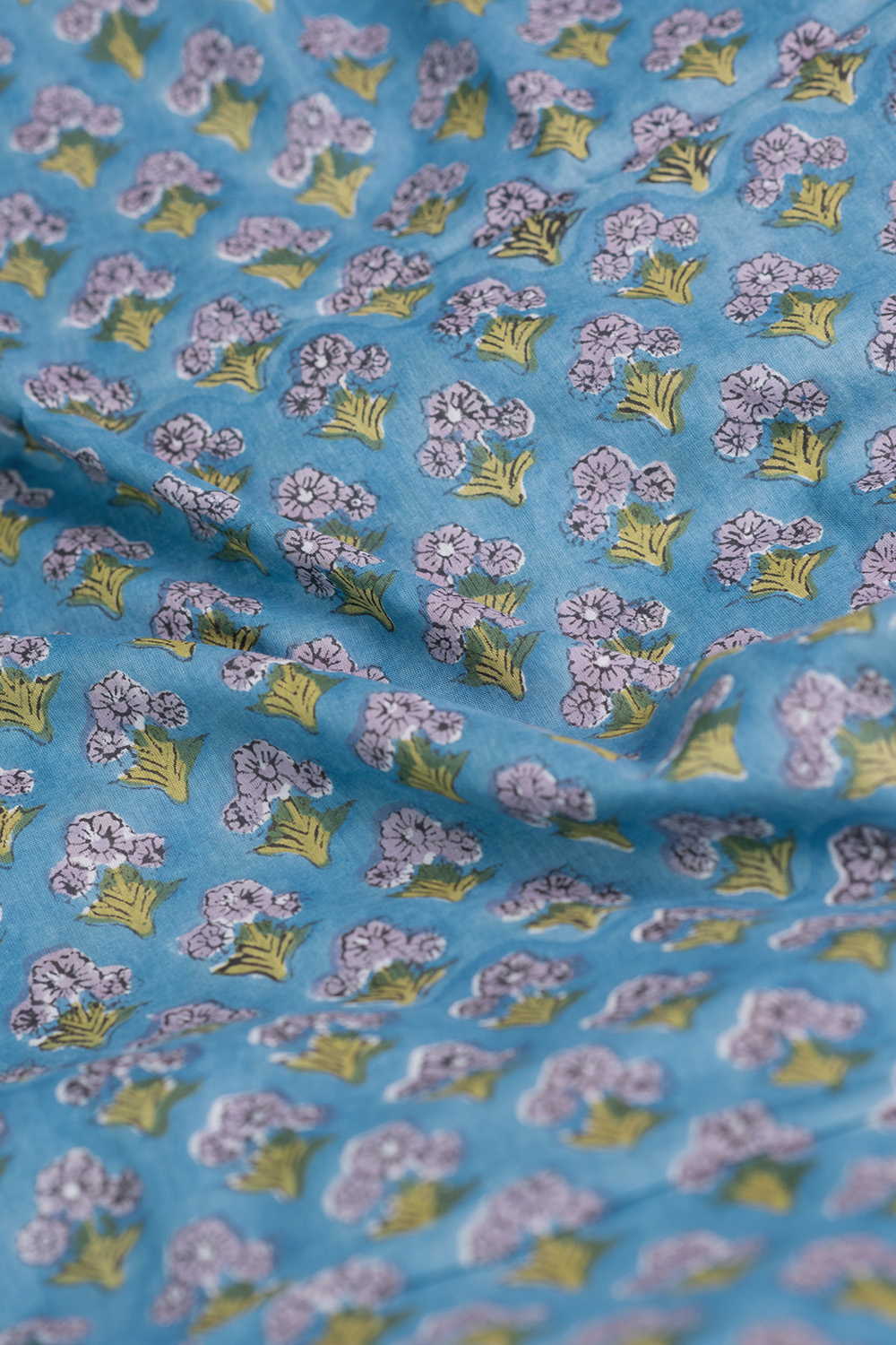 Florets on Blue Sanganeri Mul Cotton Fabric - Image 3