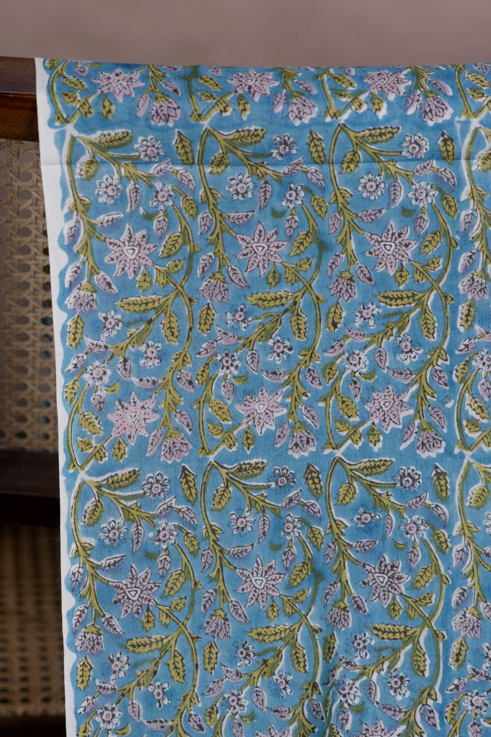 Leafy Blue Floral Sanganeri Mul Cotton Fabric