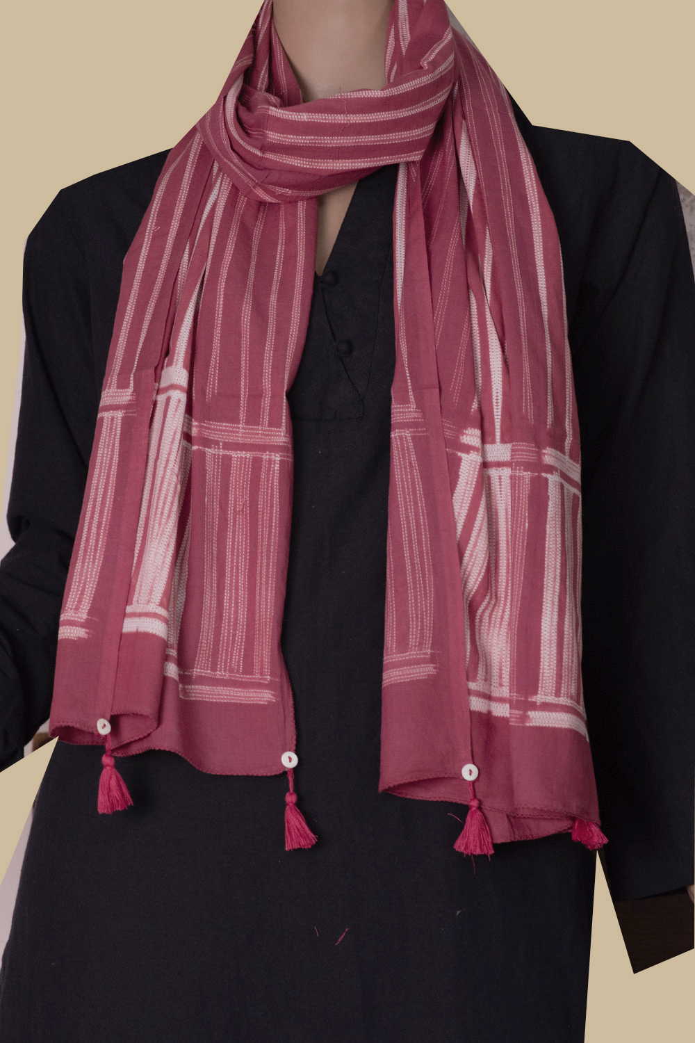 Cream Stripe on Pink Shibori Cotton Stole - Image 3