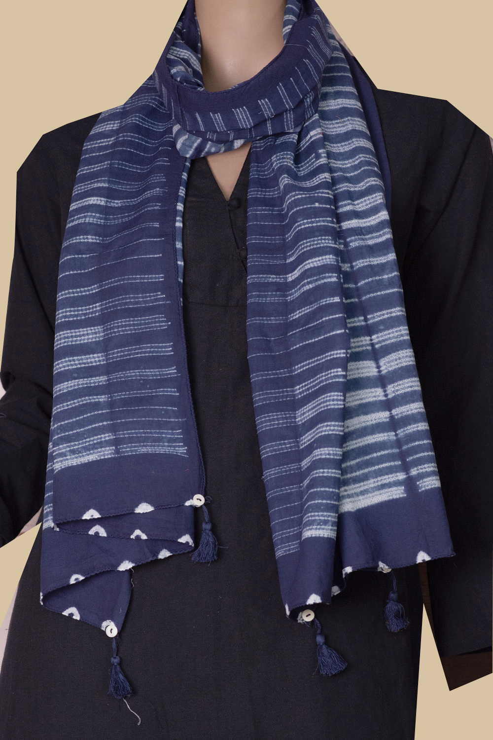 Horizontal Stripes on Indigo Shibori Cotton Stole