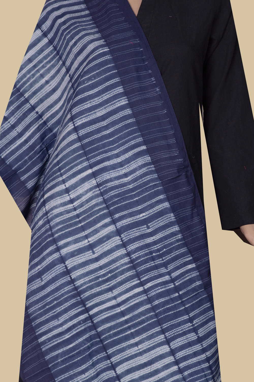 Horizontal Stripes on Indigo Shibori Cotton Stole - Image 2