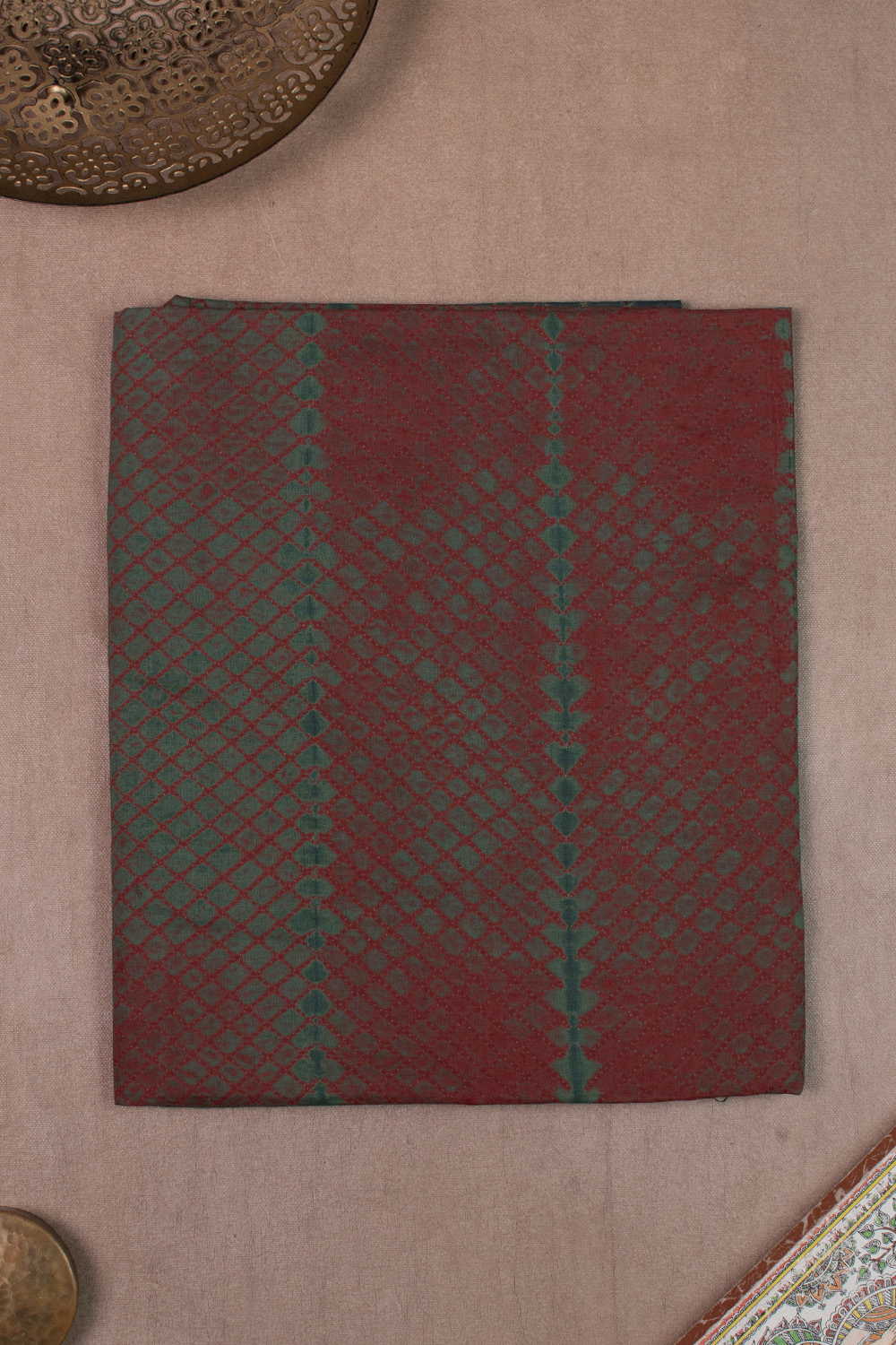 Muted Green with Rust Red Shibori Kurta Fabric