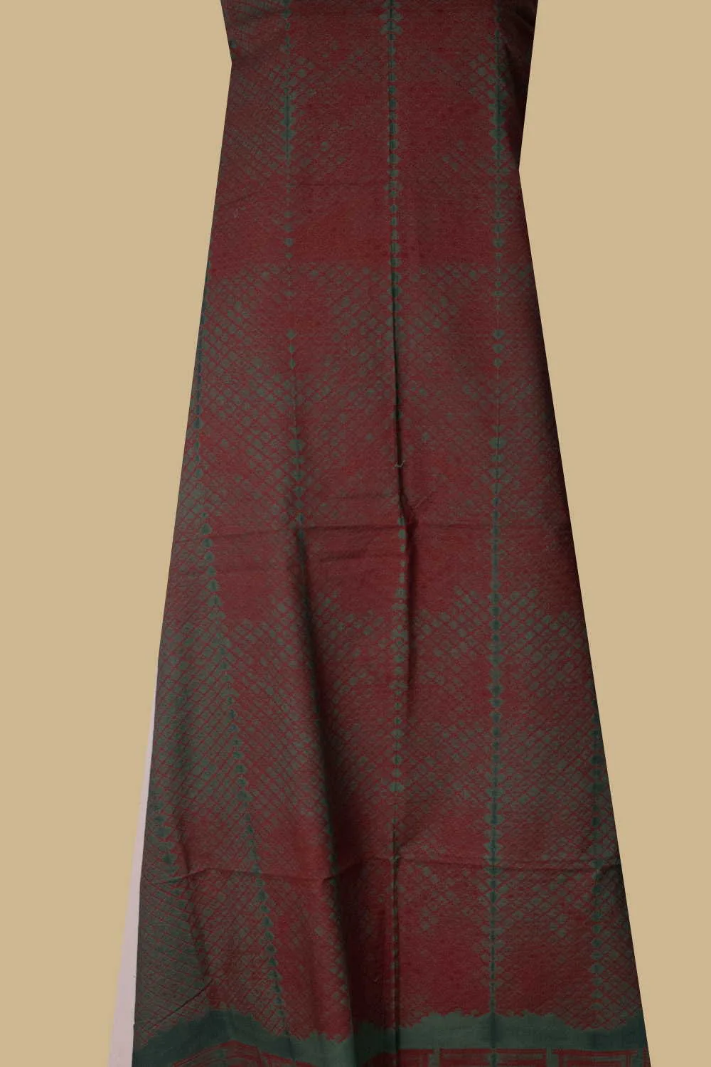 Muted Green with Rust Red Shibori Kurta Fabric - Image 2