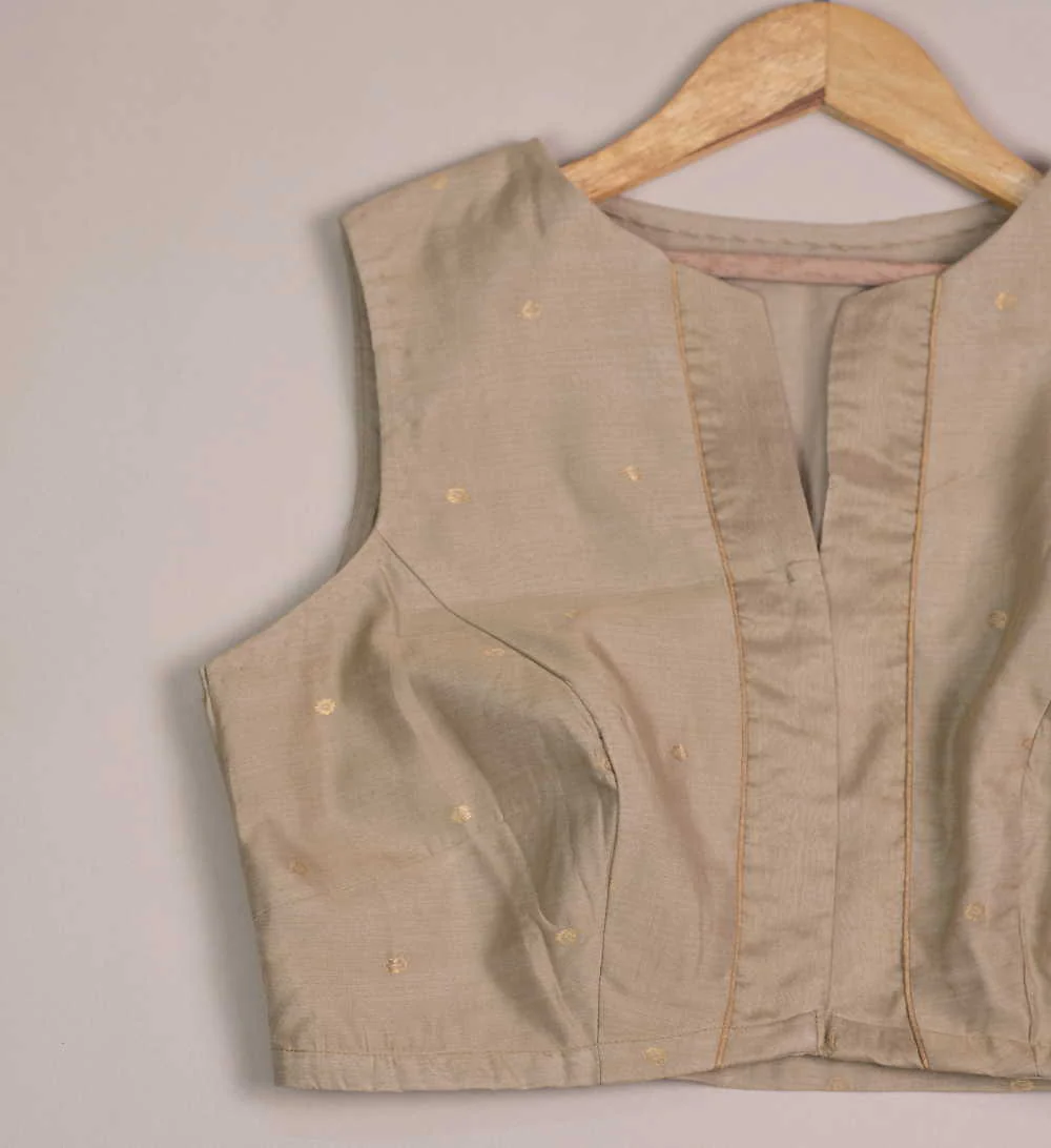 Beige Chanderi Silk Cotton Sleeveless Stitched Blouse 34,36,38,40,42
