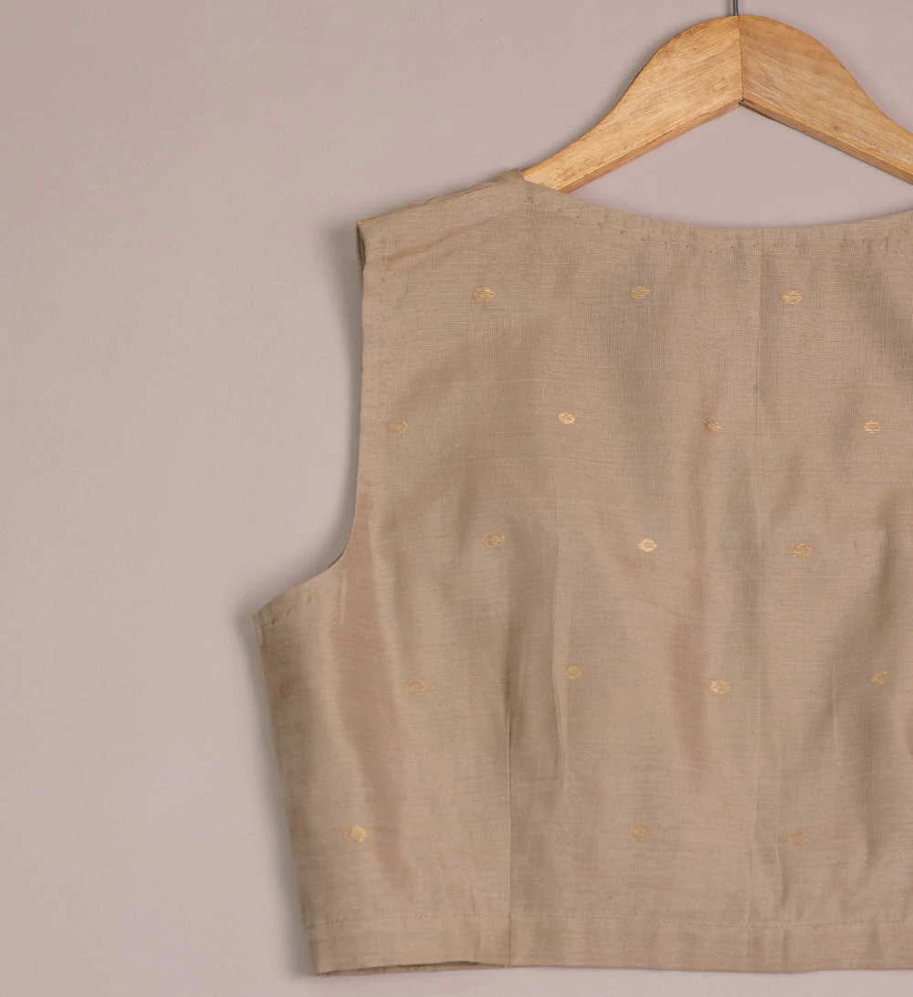 Beige Chanderi Silk Cotton Sleeveless Stitched Blouse 34,36,38,40,42 - Image 2