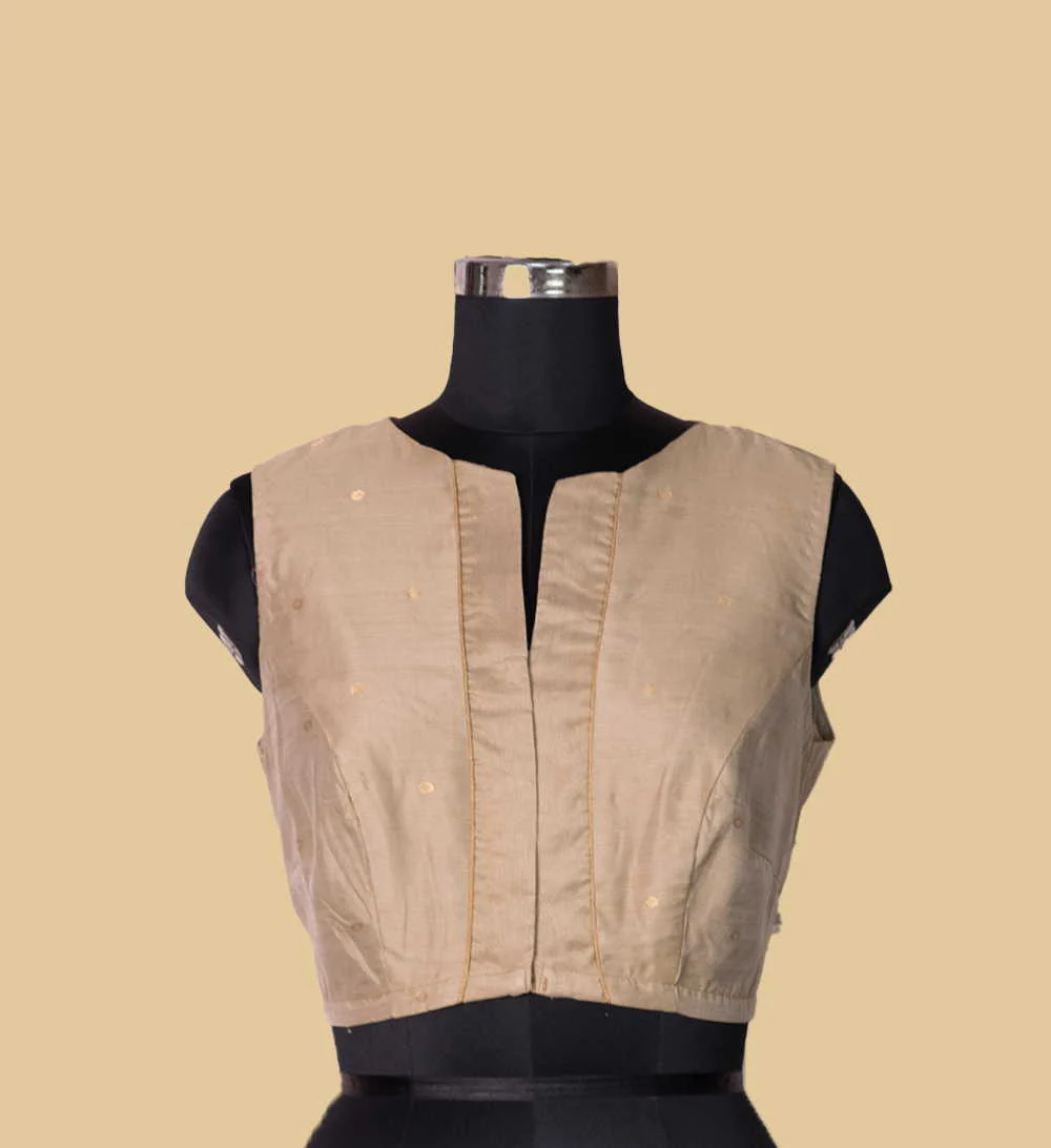 Beige Chanderi Silk Cotton Sleeveless Stitched Blouse 34,36,38,40,42 - Image 3