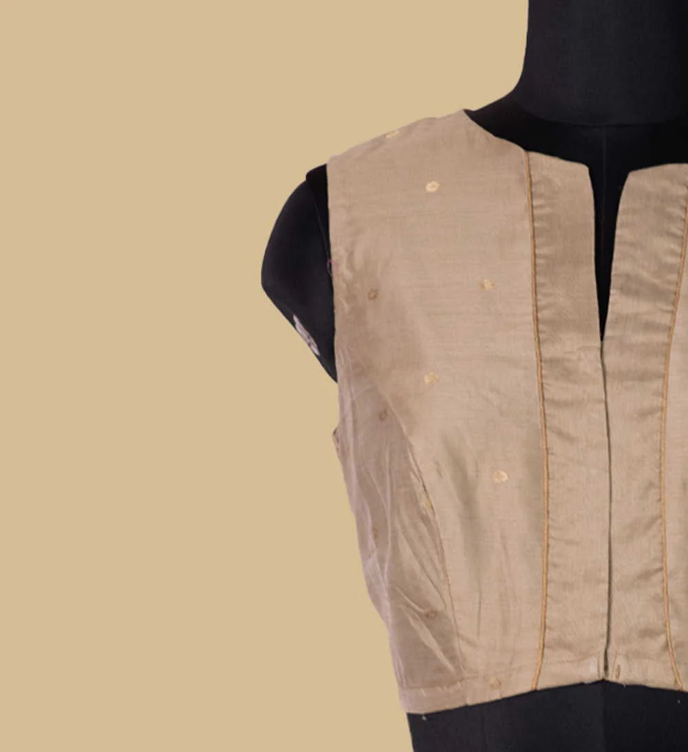 Beige Chanderi Silk Cotton Sleeveless Stitched Blouse 34,36,38,40,42 - Image 5