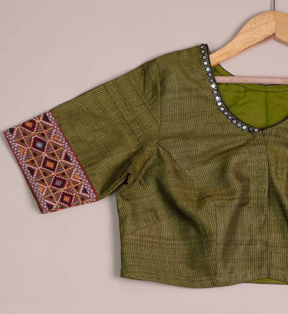 Khaki green Handspun Tussar Kutch Embroidered Blouse 32,34,36,38,40,42