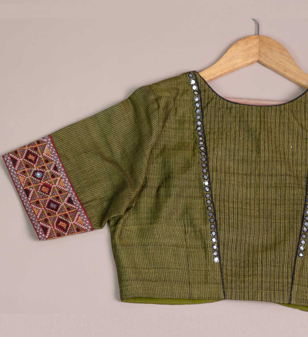 Khaki green Handspun Tussar Kutch Embroidered Blouse 32,34,36,38,40,42 - Image 2