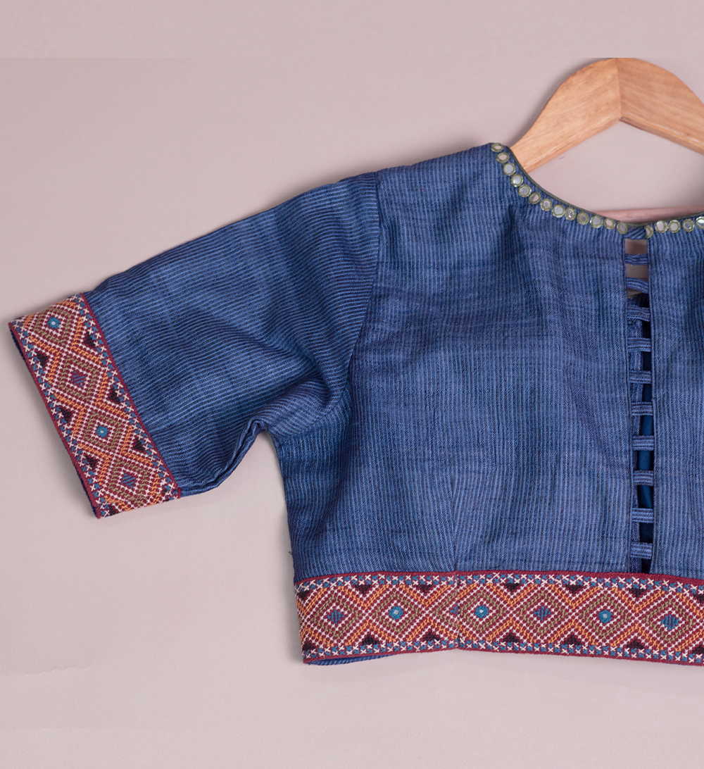 Striped Blue Handspun Tussar Kutch Embroidered Padded Blouse 36,38,40,42