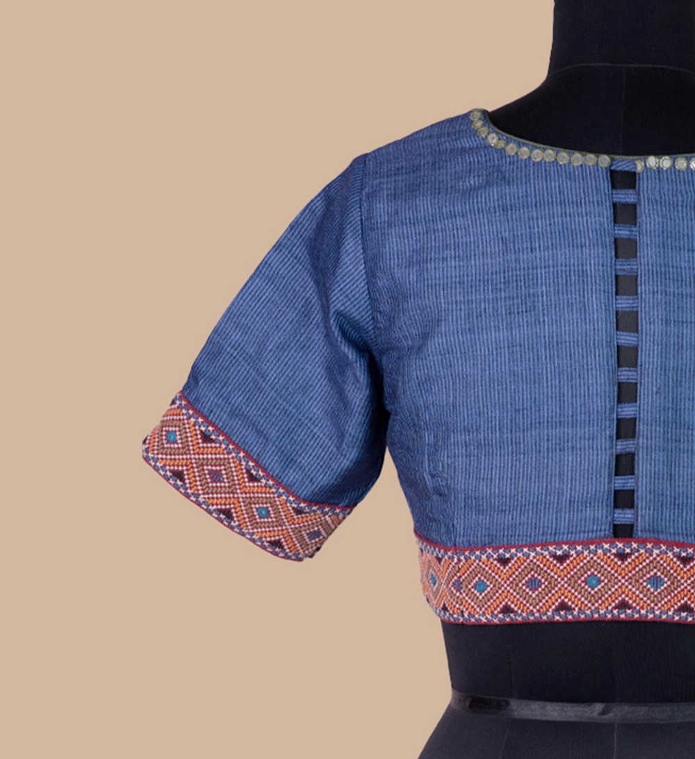 Striped Blue Handspun Tussar Kutch Embroidered Padded Blouse 36,38,40,42 - Image 4