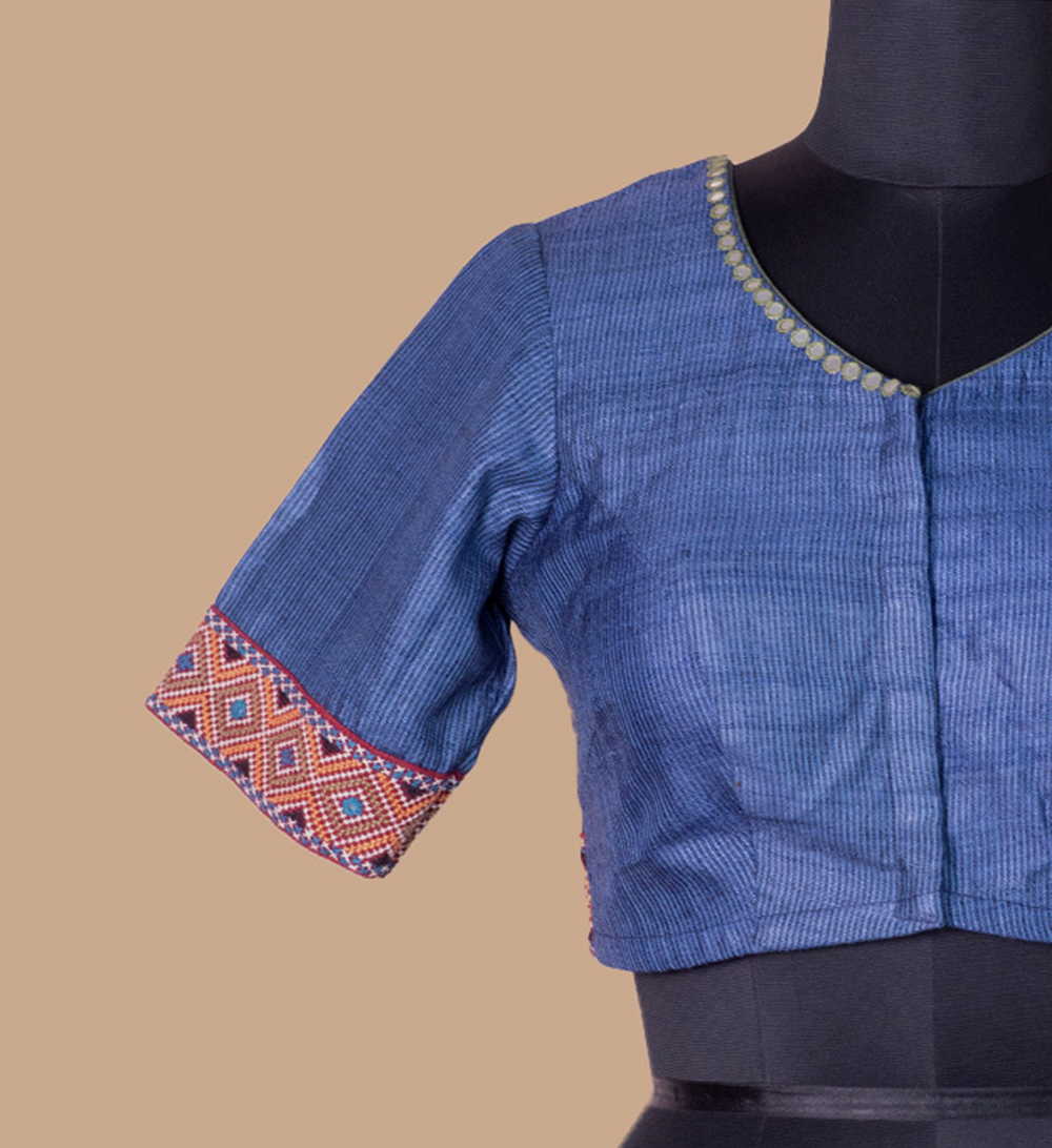 Striped Blue Handspun Tussar Kutch Embroidered Padded Blouse 36,38,40,42 - Image 6