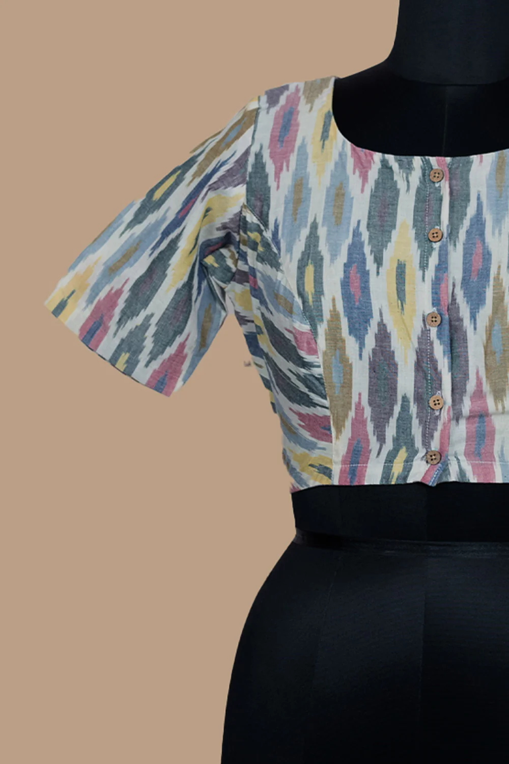 Off-White with Boat Neck Pochampally Stitched Blouse 32, 34, 36, 38, 40 & 42 - Image 4