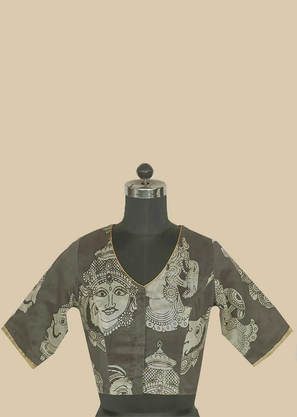 Grey with V Front Neck Kalamkari Stitched Blouse 34, 36, 38 & 40 - Image 3