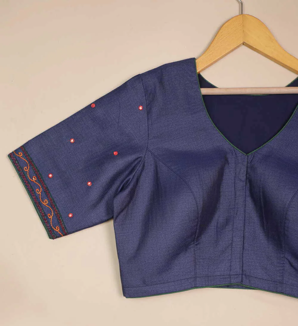 Blue Aari work Tussar Silk Stitched Blouse 36, 38, 40, 42