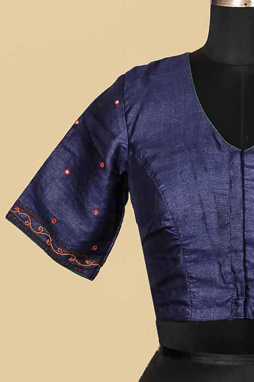 Blue Aari work Tussar Silk Stitched Blouse 36, 38, 40, 42 - Image 5