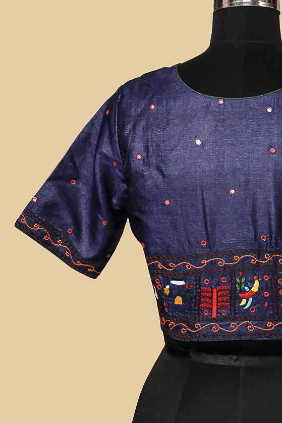 Blue Aari work Tussar Silk Stitched Blouse 36, 38, 40, 42 - Image 6