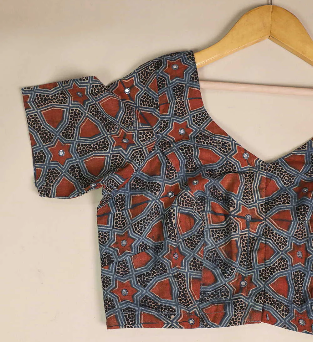 Ajrak V Neck Mirror work Stitched Blouse 32,34,36,38,40,42