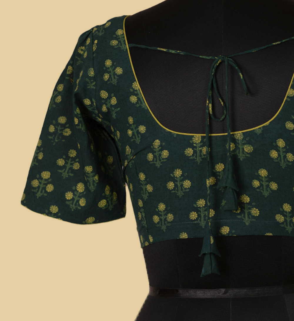 Dark Green Block Printed Puff Slevee Stitched Blouse- 34,36,38,40,42 - Image 3