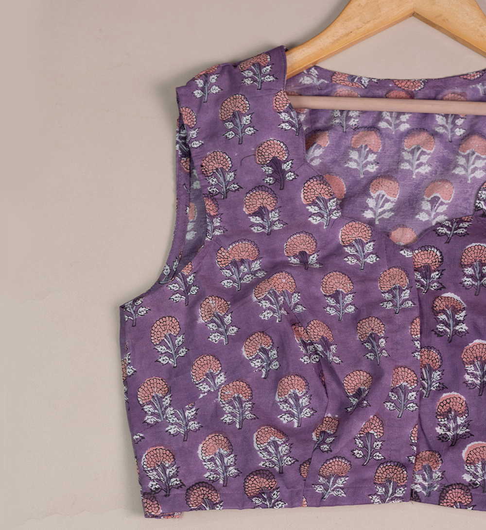 Lilac Sanganeri Scallop Neck Stitched Blouse - 34,36,38,40,42