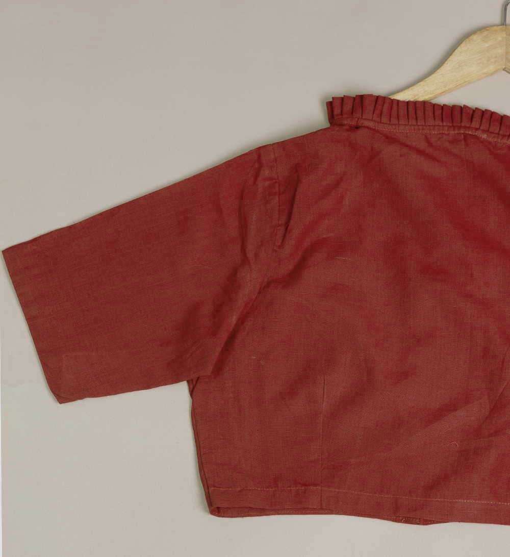 Brick Maroon Ruffle Neck Mangalagiri Stitched Blouse - 32,34,36,38,40,42 - Image 3